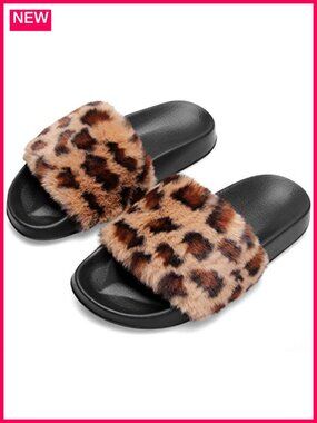 Fur Faux Fuzzy Slides Slippers for Women Non-Slip EVA Sole Open Toe House